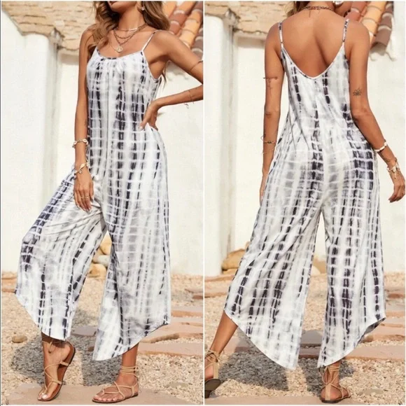 Boho Tie Dye Ombre Wide Leg Pants Pocket Jumpsuit - Picture 9 of 15